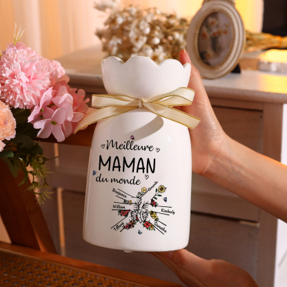 À ma Maman/Mamie-Vase Personnalisé avec 2-7 Prénoms et 1 Tetxe Vase la Main dans la Main avec Ruban en Céramique (sans fleurs) | Jessemade