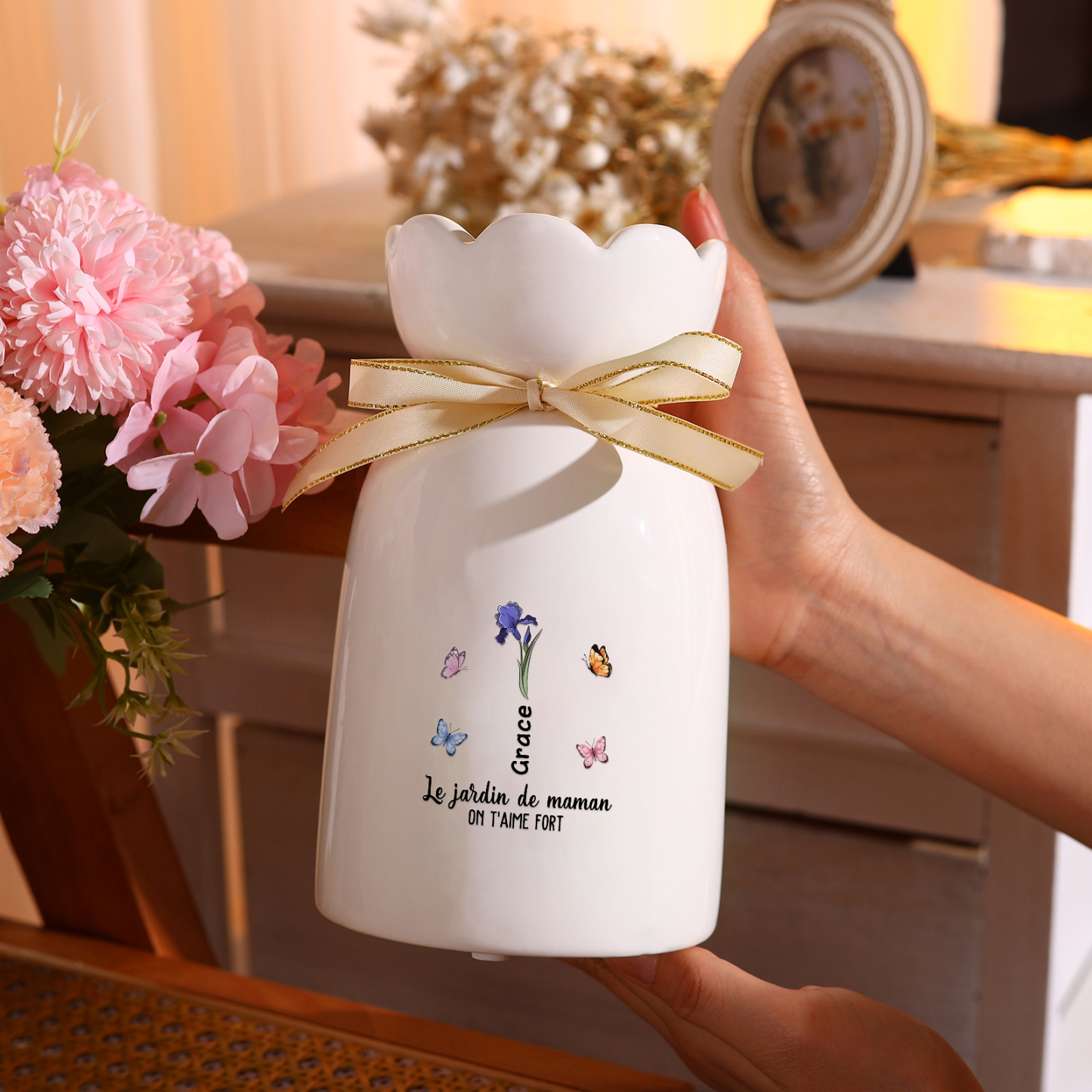 À Maman/Mamie - Vase Personnalisés avec 1-6 Prénoms et 2 Textes Vase en Céramique (sans fleurs) | Jessemade