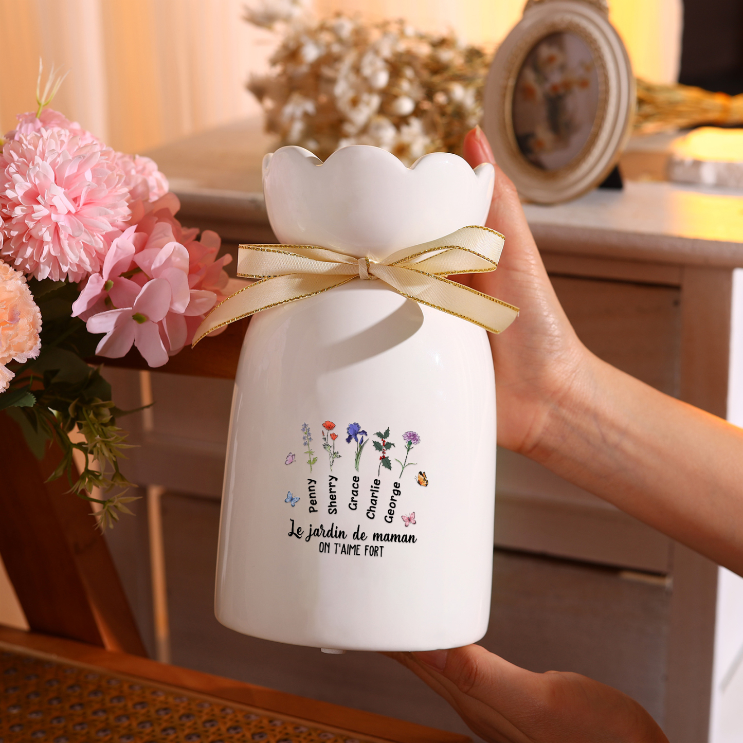À Maman/Mamie - Vase Personnalisés avec 1-6 Prénoms et 2 Textes Vase en Céramique (sans fleurs) | Jessemade