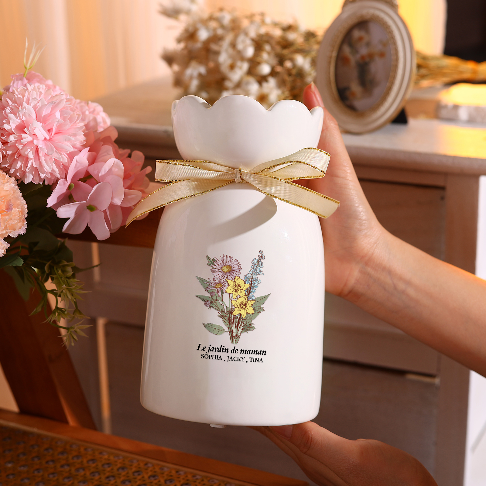 À Maman/Mamie - Vase Personnalisés avec 2-6 Prénoms et 1 Texte Vase bouquet en Céramique (sans fleurs) | Jessemade