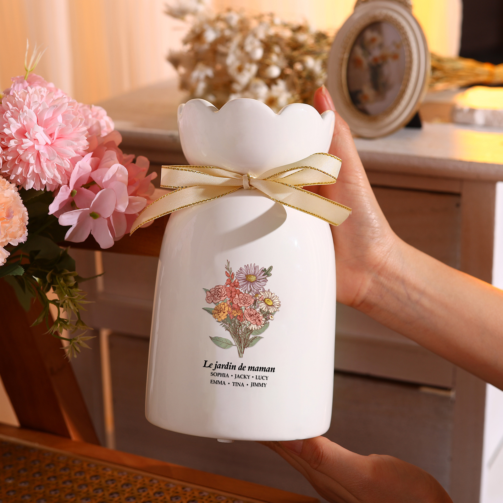 À Maman/Mamie - Vase Personnalisés avec 2-6 Prénoms et 1 Texte Vase bouquet en Céramique (sans fleurs) | Jessemade