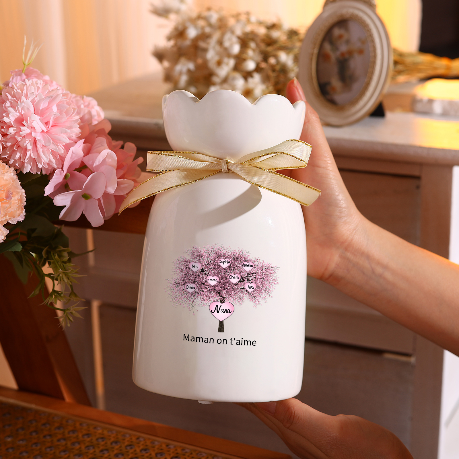 À Maman/Mamie - Vase Personnalisés avec 3-8 Prénoms et 1 Texte Vase en Céramique (sans fleurs) | Jessemade