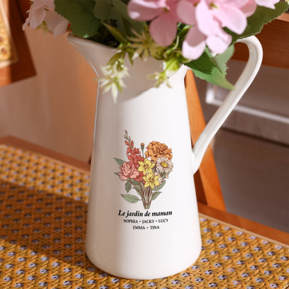 À Maman/Mamie - Vase Personnalisé 2-6 Prénoms et Fleurs de Naissance avec 1 Texte Vase Forme Pichet en Céramique (sans fleurs) | Jessemade