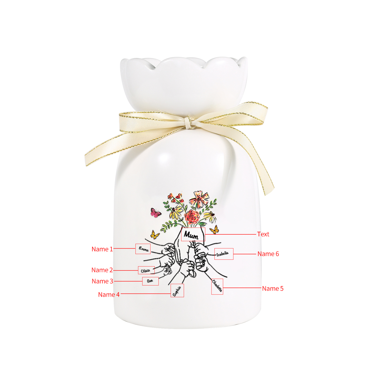 À Maman/Mamie - Vase en Céramique 2-8 Prénoms Personnalisés avec 1 Texte Vase la Main dans la Main (sans fleurs) | Jessemade