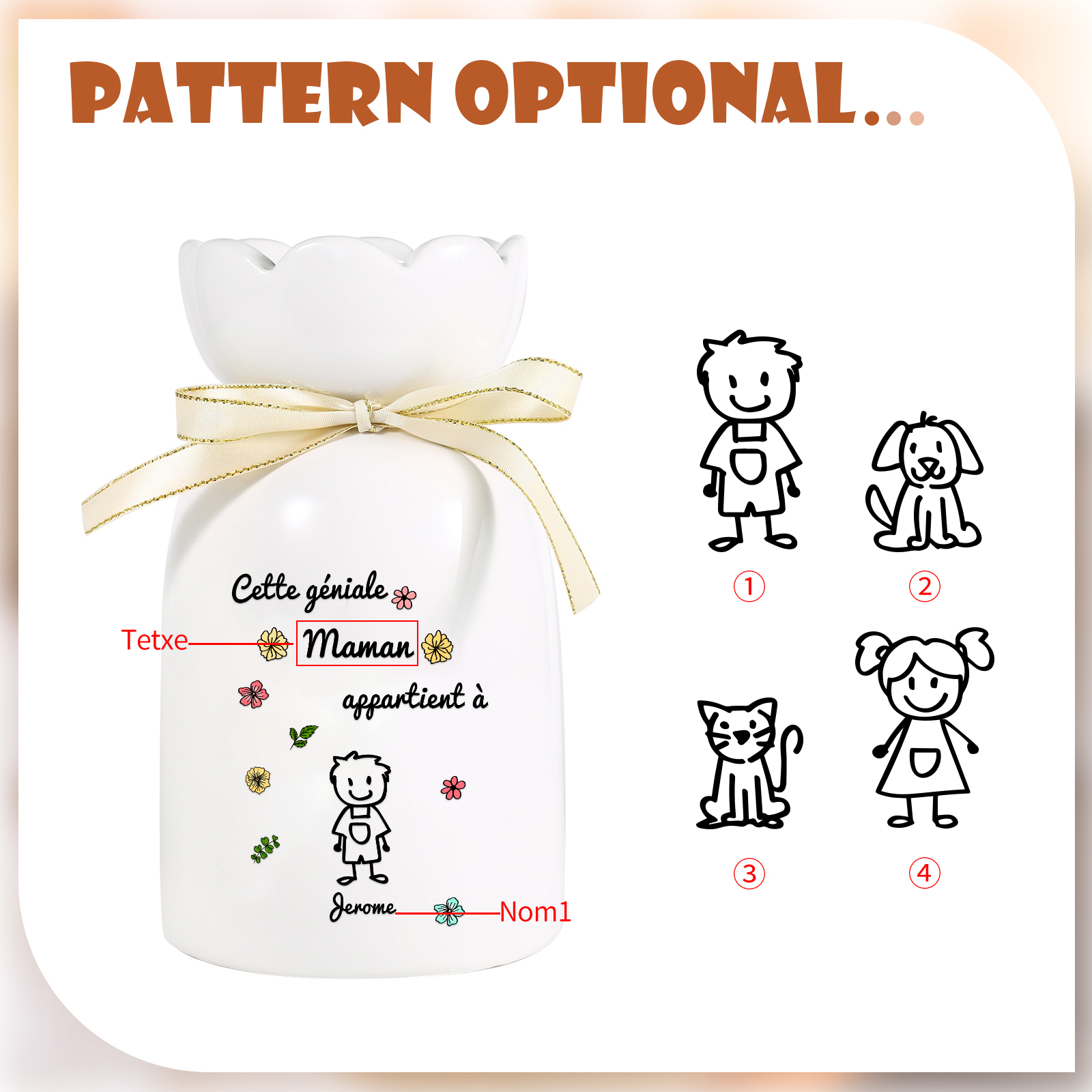 Vase avec Ruban 1-6 Prénoms et Enfants Personnalisés avec 1 Tetxe Vase en Céramique (sans fleurs) | Jessemade
