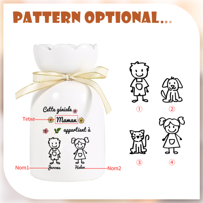 Vase avec Ruban 1-6 Prénoms et Enfants Personnalisés avec 1 Tetxe Vase en Céramique (sans fleurs) | Jessemade
