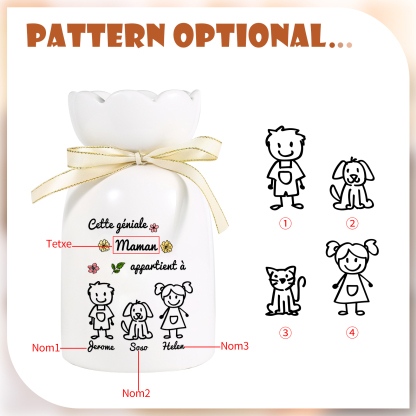 Vase avec Ruban 1-6 Prénoms et Enfants Personnalisés avec 1 Tetxe Vase en Céramique (sans fleurs) | Jessemade