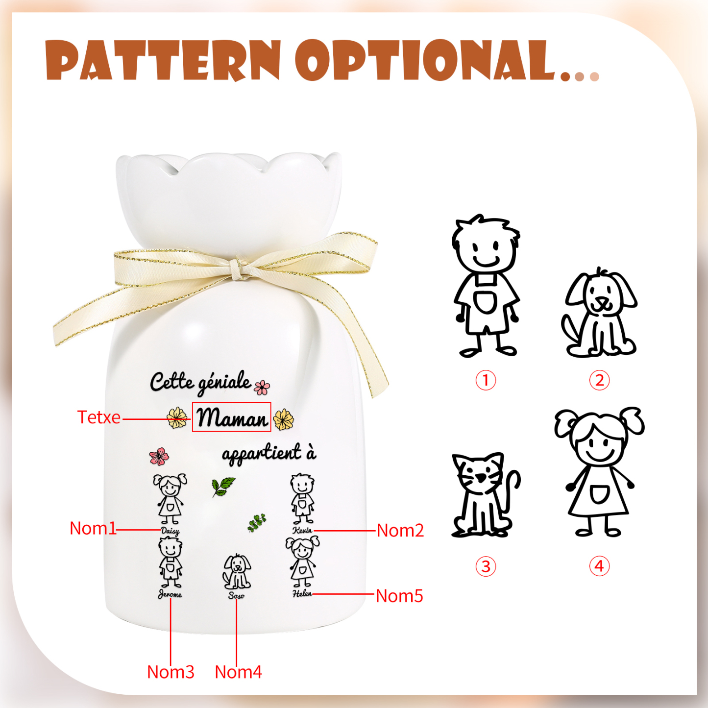 Vase avec Ruban 1-6 Prénoms et Enfants Personnalisés avec 1 Tetxe Vase en Céramique (sans fleurs) | Jessemade