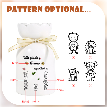 Vase avec Ruban 1-6 Prénoms et Enfants Personnalisés avec 1 Tetxe Vase en Céramique (sans fleurs) | Jessemade