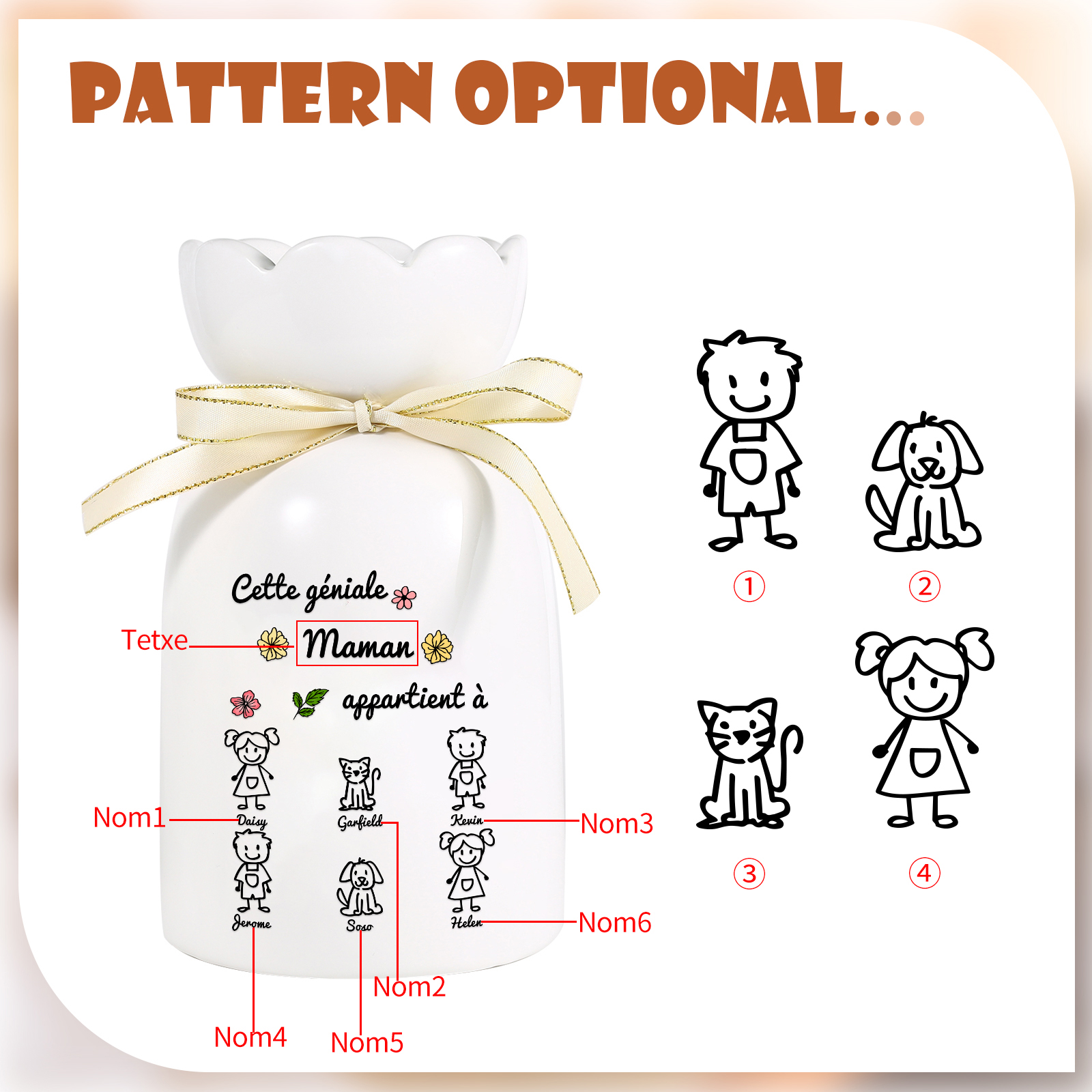 Vase avec Ruban 1-6 Prénoms et Enfants Personnalisés avec 1 Tetxe Vase en Céramique (sans fleurs) | Jessemade