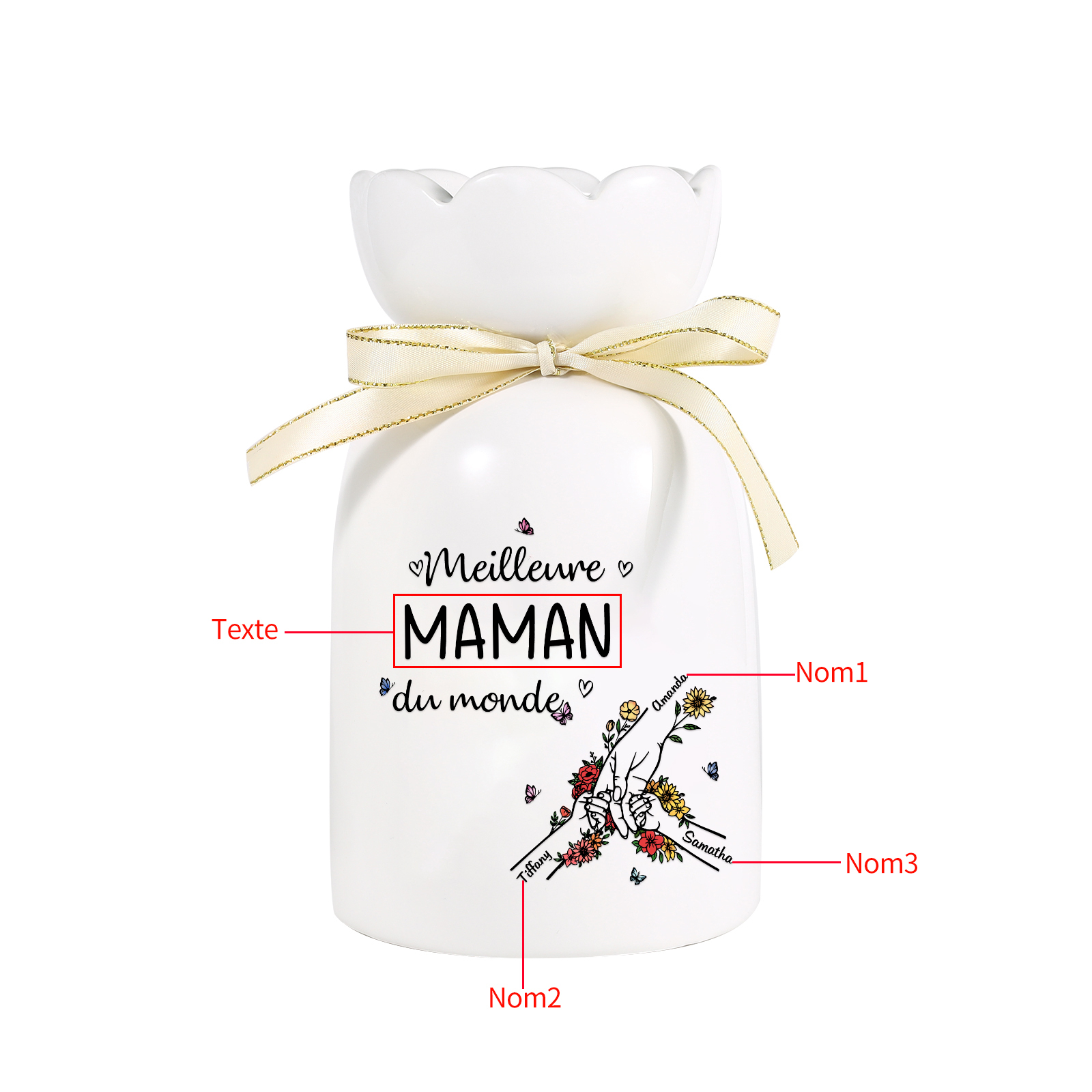 À ma Maman/Mamie-Vase Personnalisé avec 2-7 Prénoms et 1 Tetxe Vase la Main dans la Main avec Ruban en Céramique (sans fleurs) | Jessemade