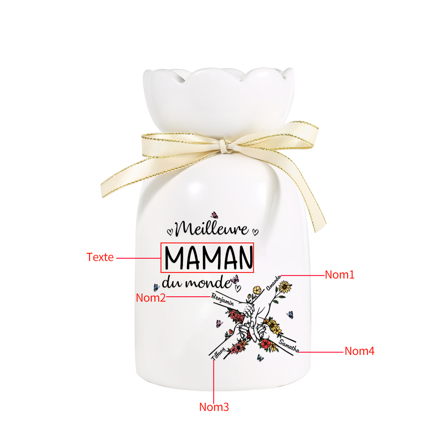 À ma Maman/Mamie-Vase Personnalisé avec 2-7 Prénoms et 1 Tetxe Vase la Main dans la Main avec Ruban en Céramique (sans fleurs) | Jessemade