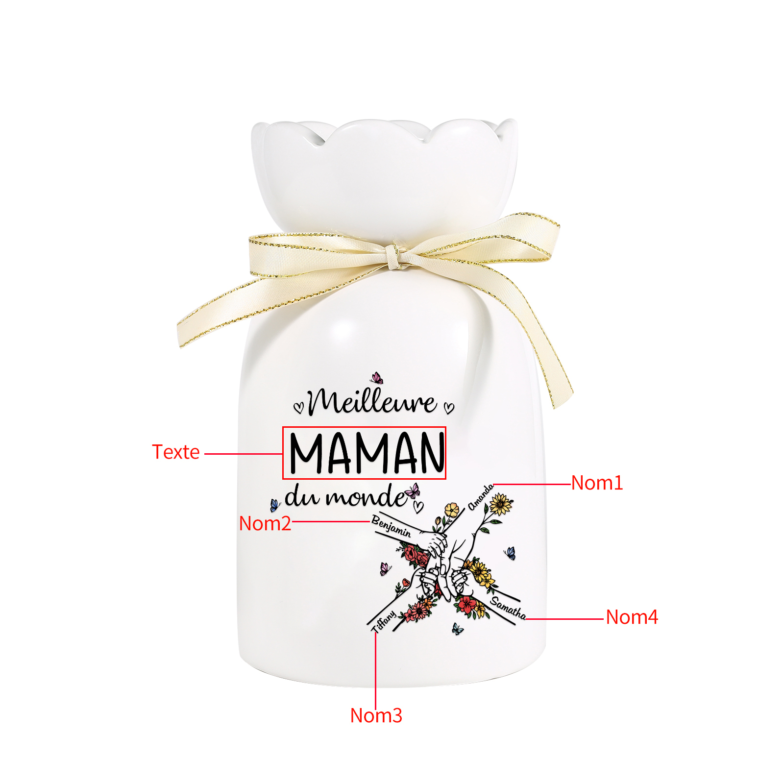 À ma Maman/Mamie-Vase Personnalisé avec 2-7 Prénoms et 1 Tetxe Vase la Main dans la Main avec Ruban en Céramique (sans fleurs) | Jessemade