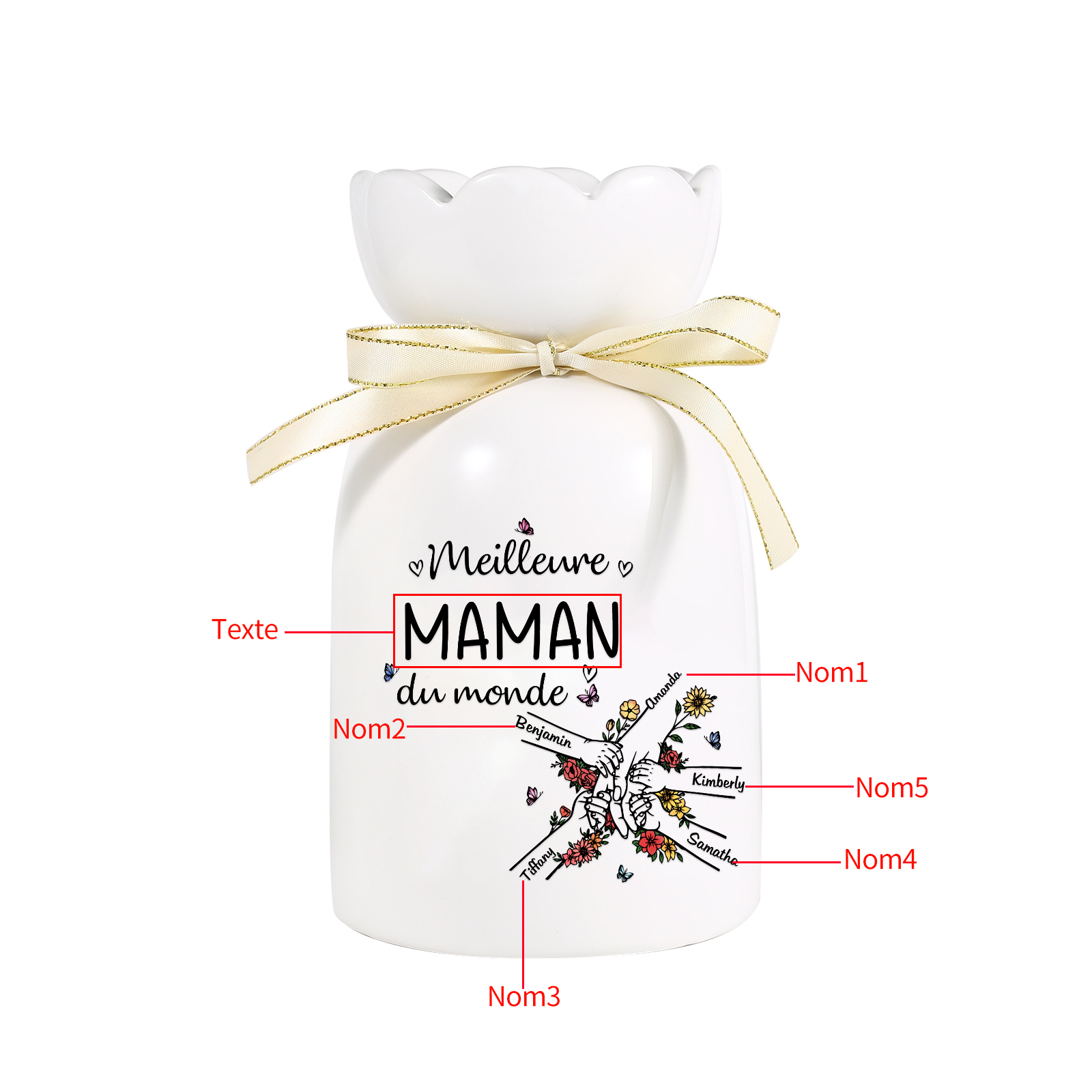 À ma Maman/Mamie-Vase Personnalisé avec 2-7 Prénoms et 1 Tetxe Vase la Main dans la Main avec Ruban en Céramique (sans fleurs) | Jessemade