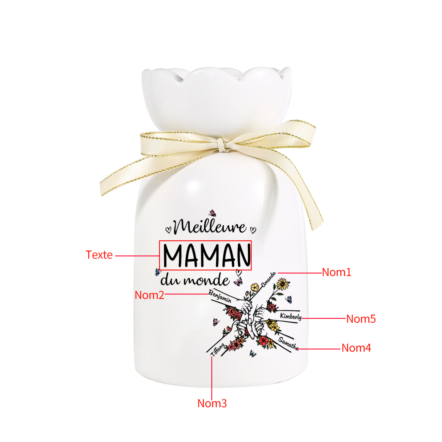 À ma Maman/Mamie-Vase Personnalisé avec 2-7 Prénoms et 1 Tetxe Vase la Main dans la Main avec Ruban en Céramique (sans fleurs) | Jessemade