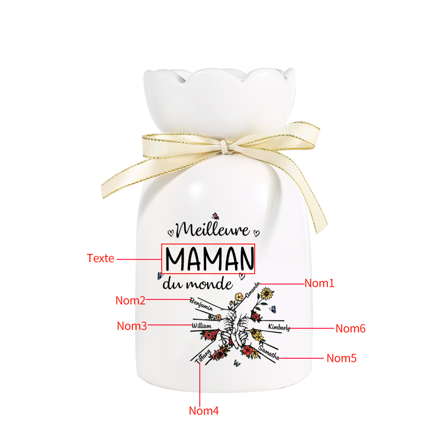 À ma Maman/Mamie-Vase Personnalisé avec 2-7 Prénoms et 1 Tetxe Vase la Main dans la Main avec Ruban en Céramique (sans fleurs) | Jessemade