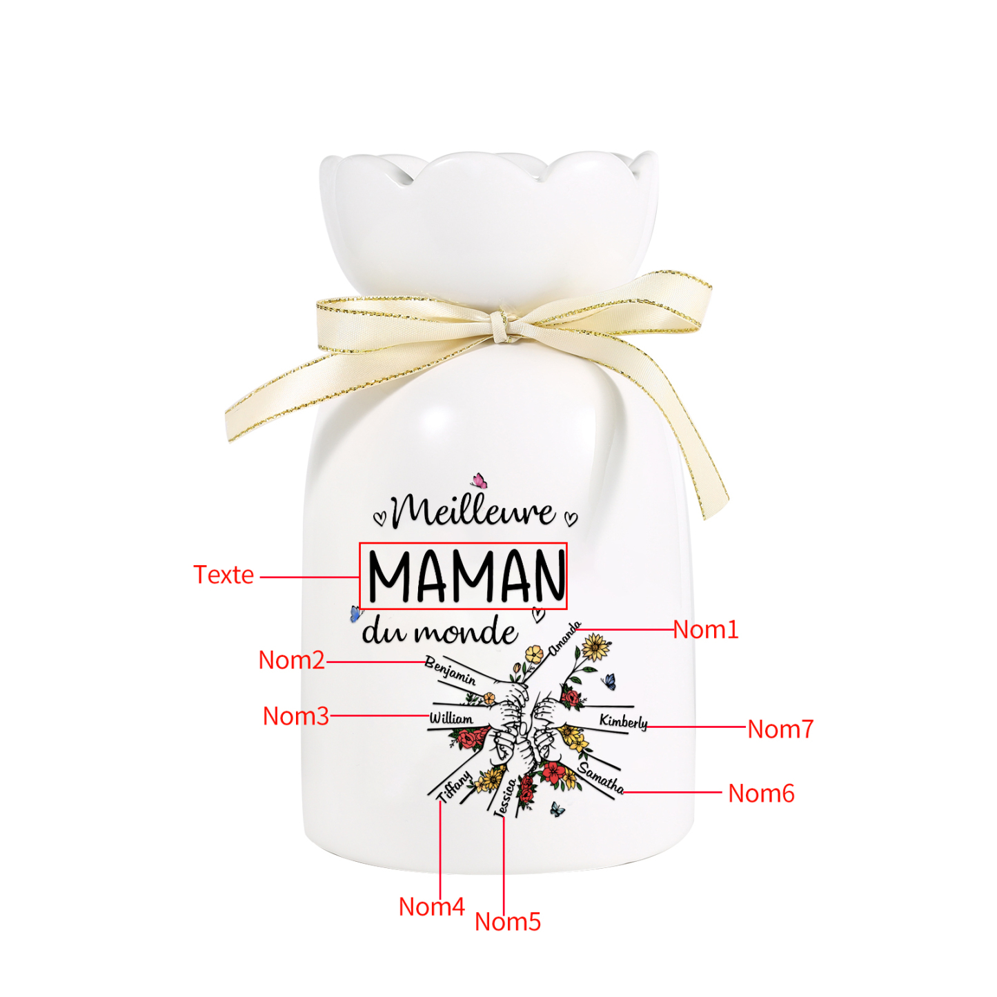 À ma Maman/Mamie-Vase Personnalisé avec 2-7 Prénoms et 1 Tetxe Vase la Main dans la Main avec Ruban en Céramique (sans fleurs) | Jessemade