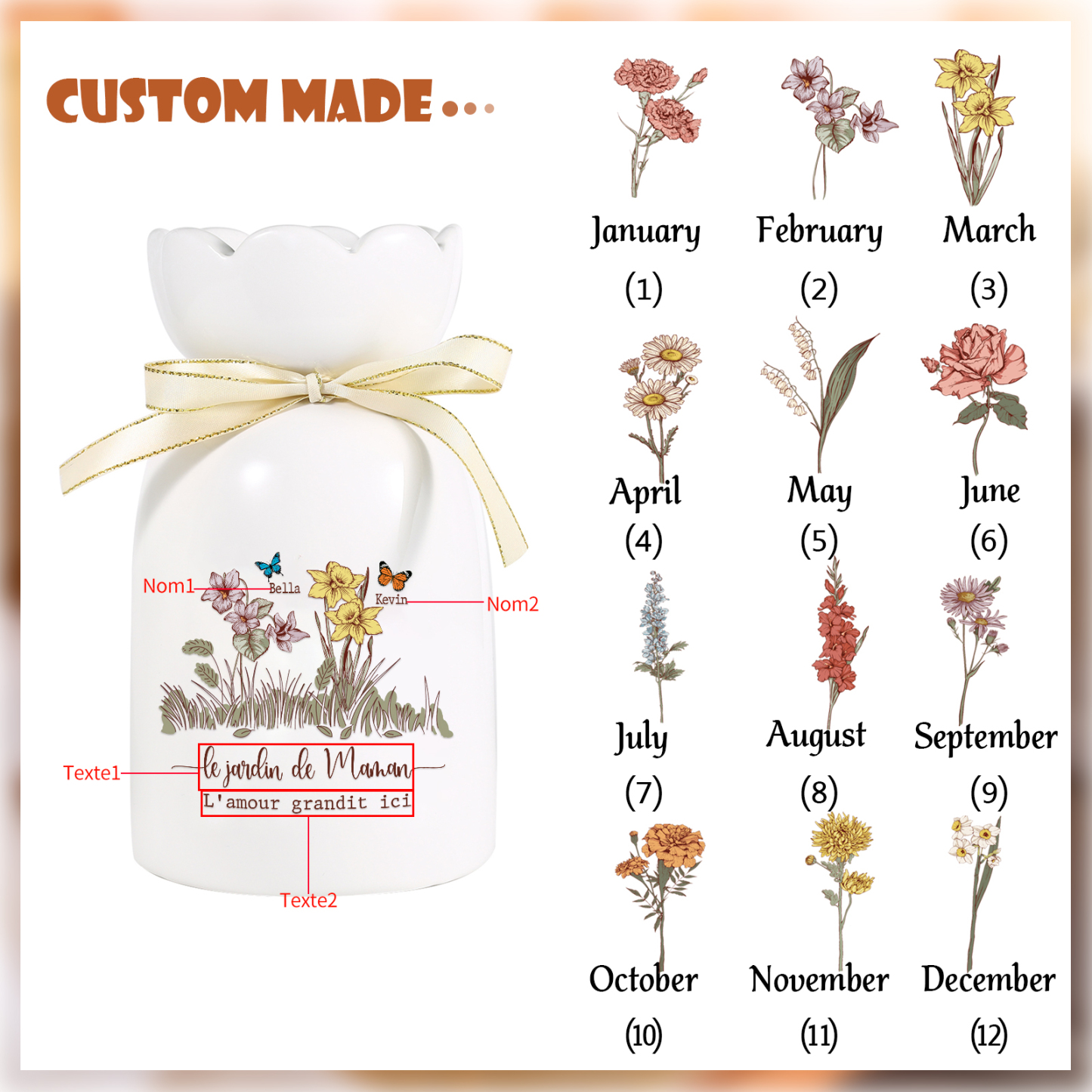 Vase Personnalisé avec 1-5 Prénoms & Fleurs de Naissance et 2 Tetxes Vase Fluers et Papillons en Céramique (sans fleurs) | Jessemade
