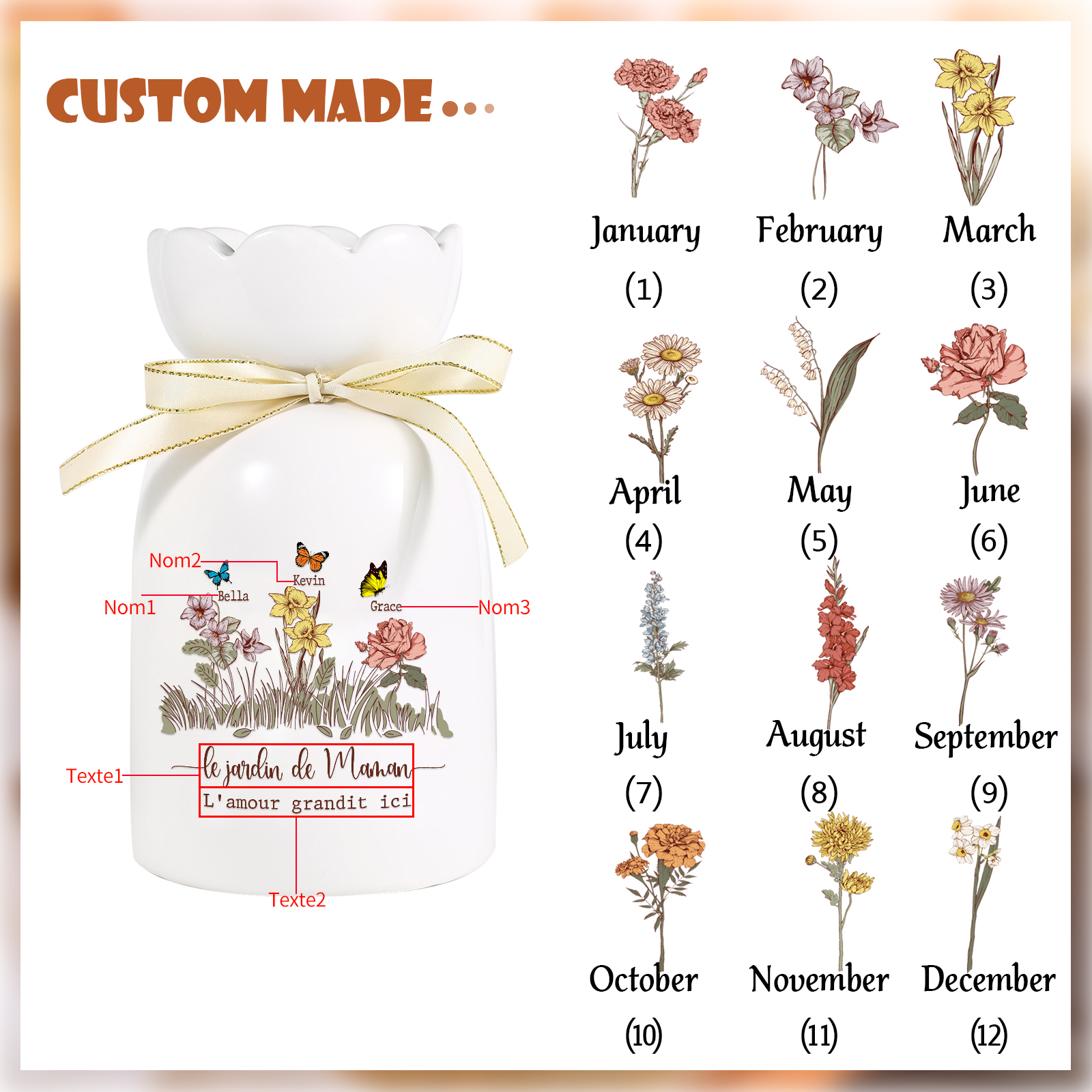 Vase Personnalisé avec 1-5 Prénoms & Fleurs de Naissance et 2 Tetxes Vase Fluers et Papillons en Céramique (sans fleurs) | Jessemade