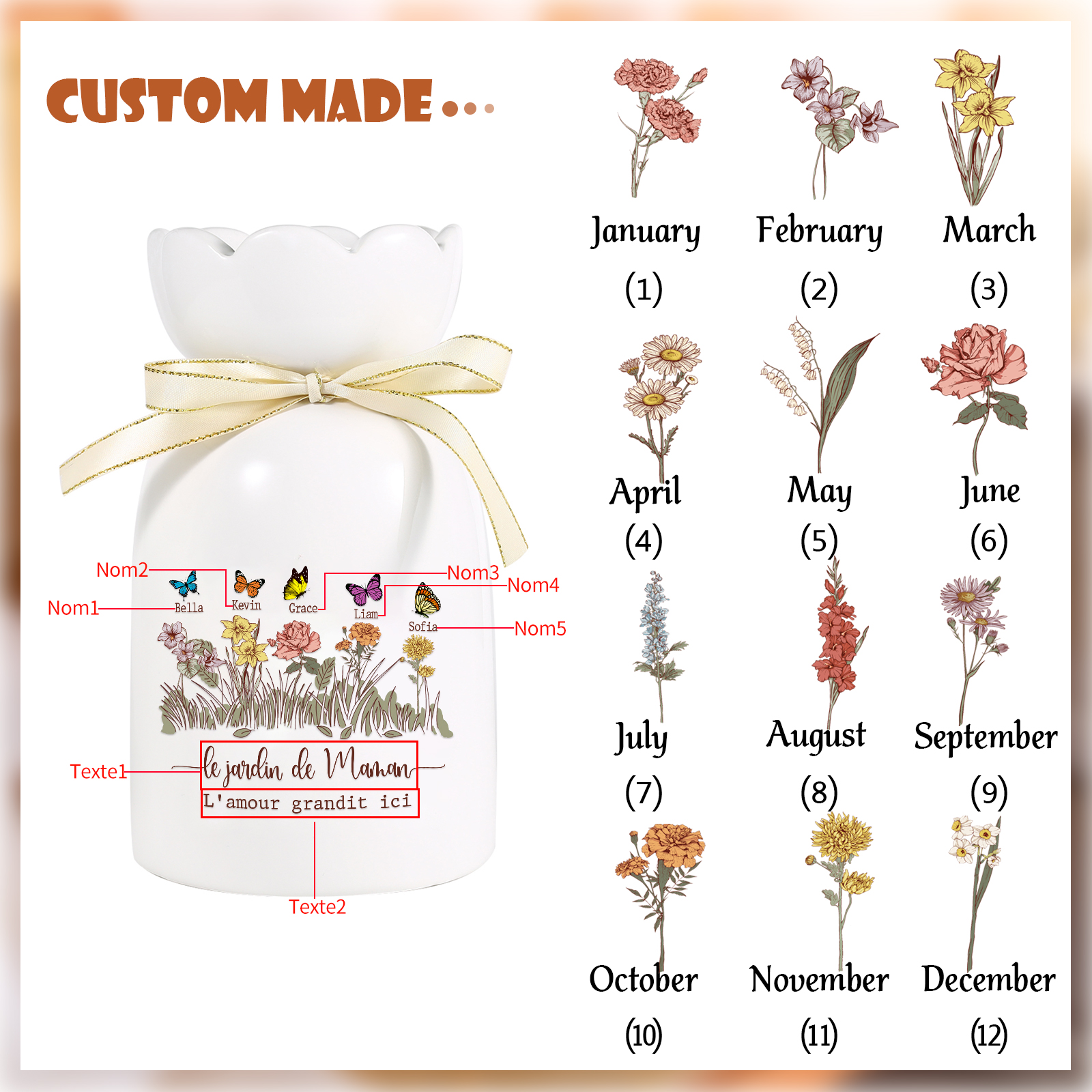 Vase Personnalisé avec 1-5 Prénoms & Fleurs de Naissance et 2 Tetxes Vase Fluers et Papillons en Céramique (sans fleurs) | Jessemade