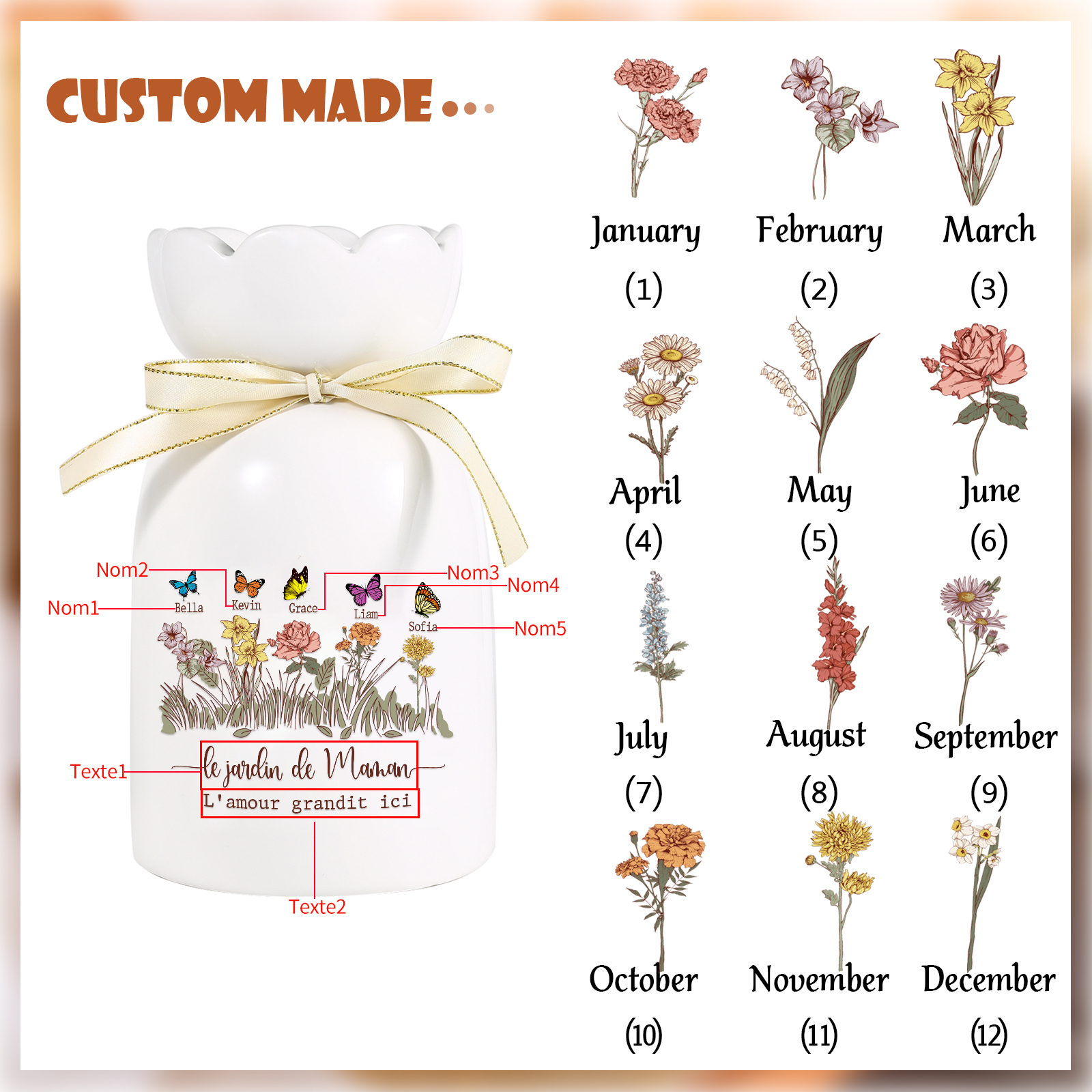 Vase Personnalisé avec 1-5 Prénoms & Fleurs de Naissance et 2 Tetxes Vase Fluers et Papillons en Céramique (sans fleurs) | Jessemade