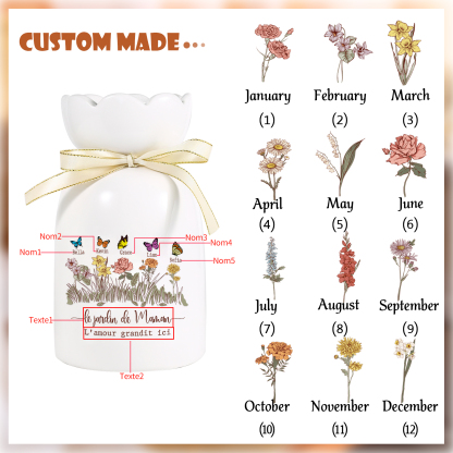 Vase Personnalisé avec 1-5 Prénoms & Fleurs de Naissance et 2 Tetxes Vase Fluers et Papillons en Céramique (sans fleurs) | Jessemade