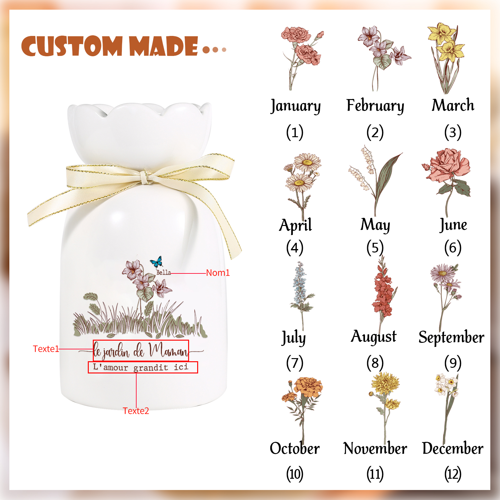 Vase Personnalisé avec 1-5 Prénoms & Fleurs de Naissance et 2 Tetxes Vase Fluers et Papillons en Céramique (sans fleurs) | Jessemade