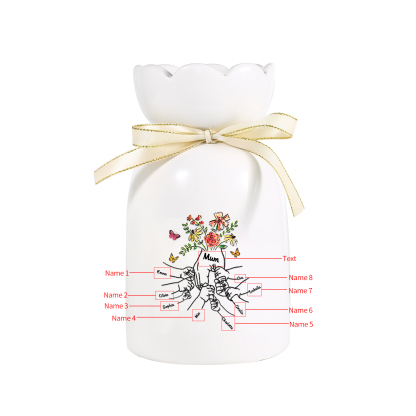 À Maman/Mamie - Vase en Céramique 2-8 Prénoms Personnalisés avec 1 Texte Vase la Main dans la Main (sans fleurs) | Jessemade