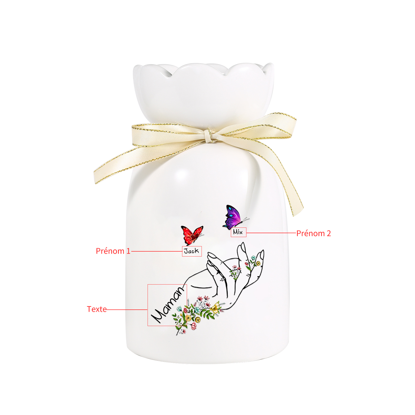 À Maman/Mamie - Vase en Céramique 2-8 Prénoms Personnalisés avec 1 Texte Vase Main et Papillon (sans fleurs) | Jessemade