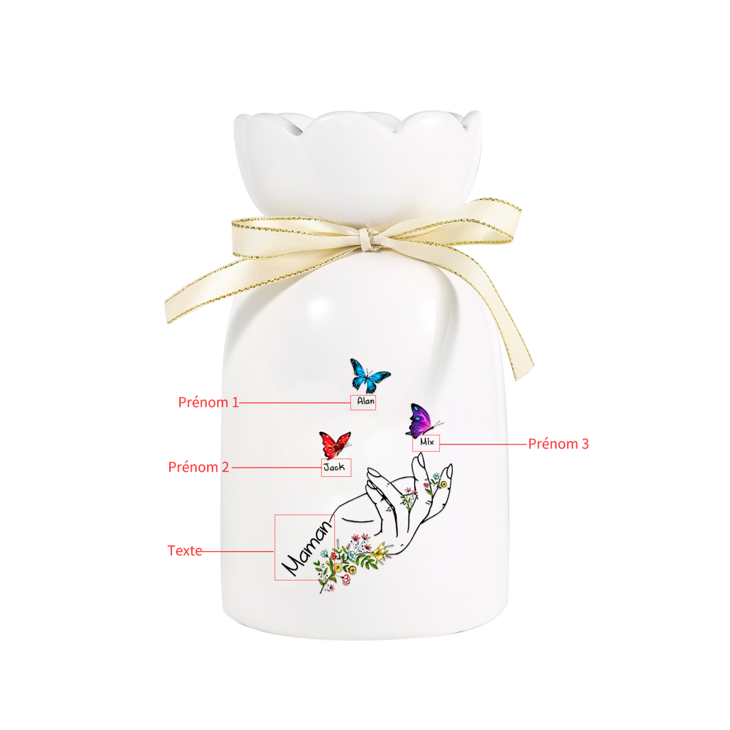 À Maman/Mamie - Vase en Céramique 2-8 Prénoms Personnalisés avec 1 Texte Vase Main et Papillon (sans fleurs) | Jessemade