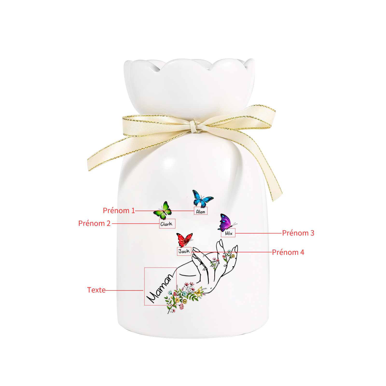 À Maman/Mamie - Vase en Céramique 2-8 Prénoms Personnalisés avec 1 Texte Vase Main et Papillon (sans fleurs) | Jessemade