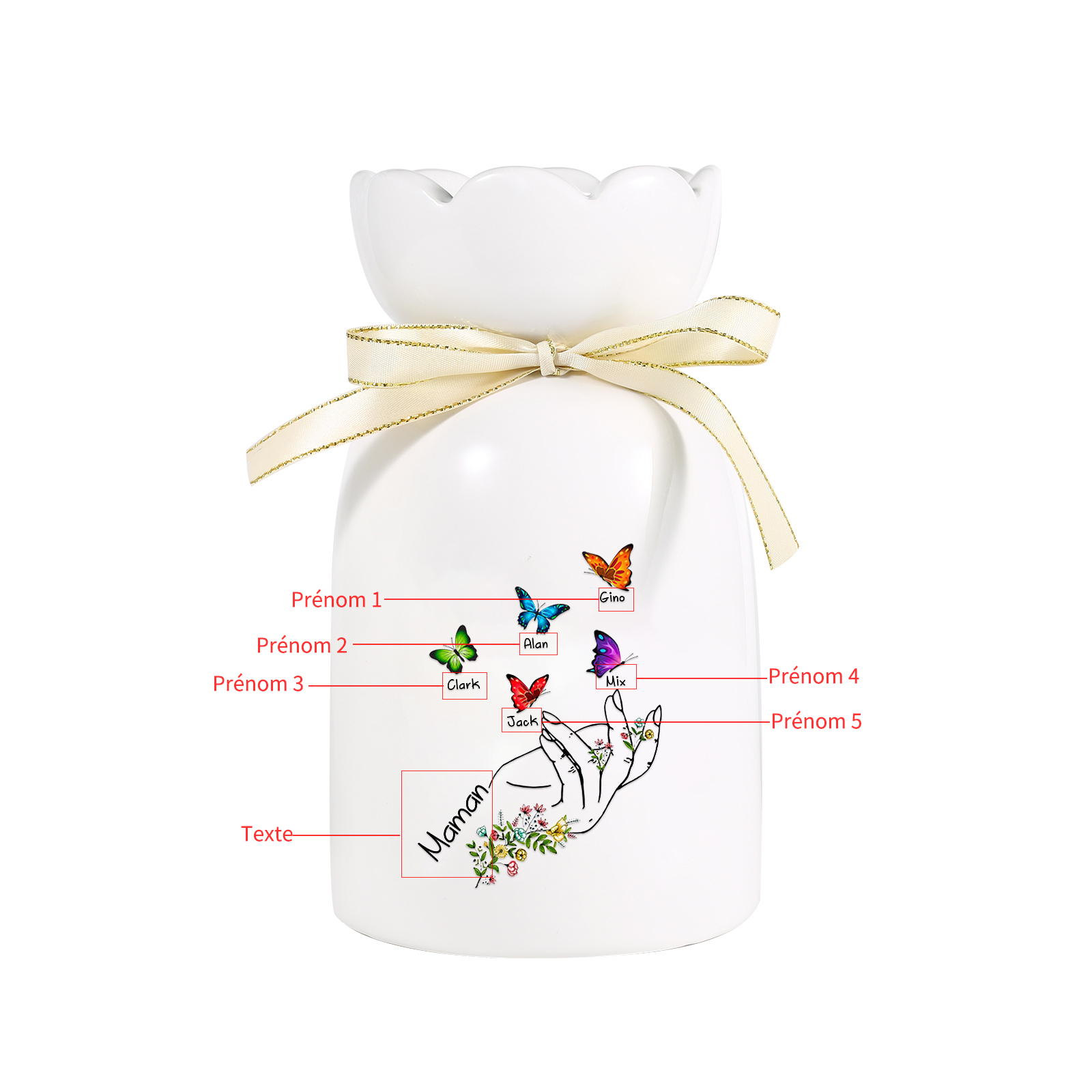 À Maman/Mamie - Vase en Céramique 2-8 Prénoms Personnalisés avec 1 Texte Vase Main et Papillon (sans fleurs) | Jessemade