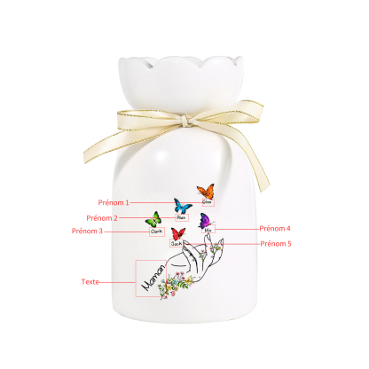 À Maman/Mamie - Vase en Céramique 2-8 Prénoms Personnalisés avec 1 Texte Vase Main et Papillon (sans fleurs) | Jessemade