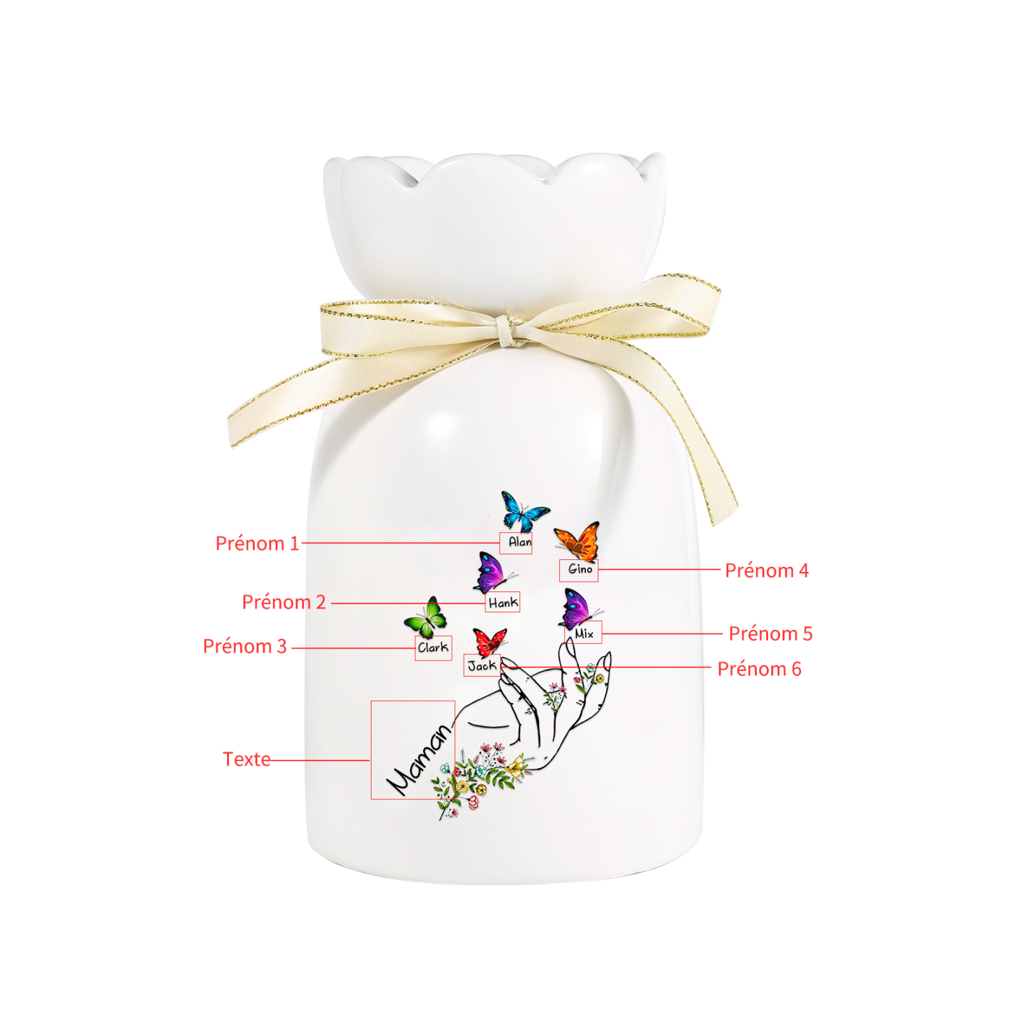 À Maman/Mamie - Vase en Céramique 2-8 Prénoms Personnalisés avec 1 Texte Vase Main et Papillon (sans fleurs) | Jessemade