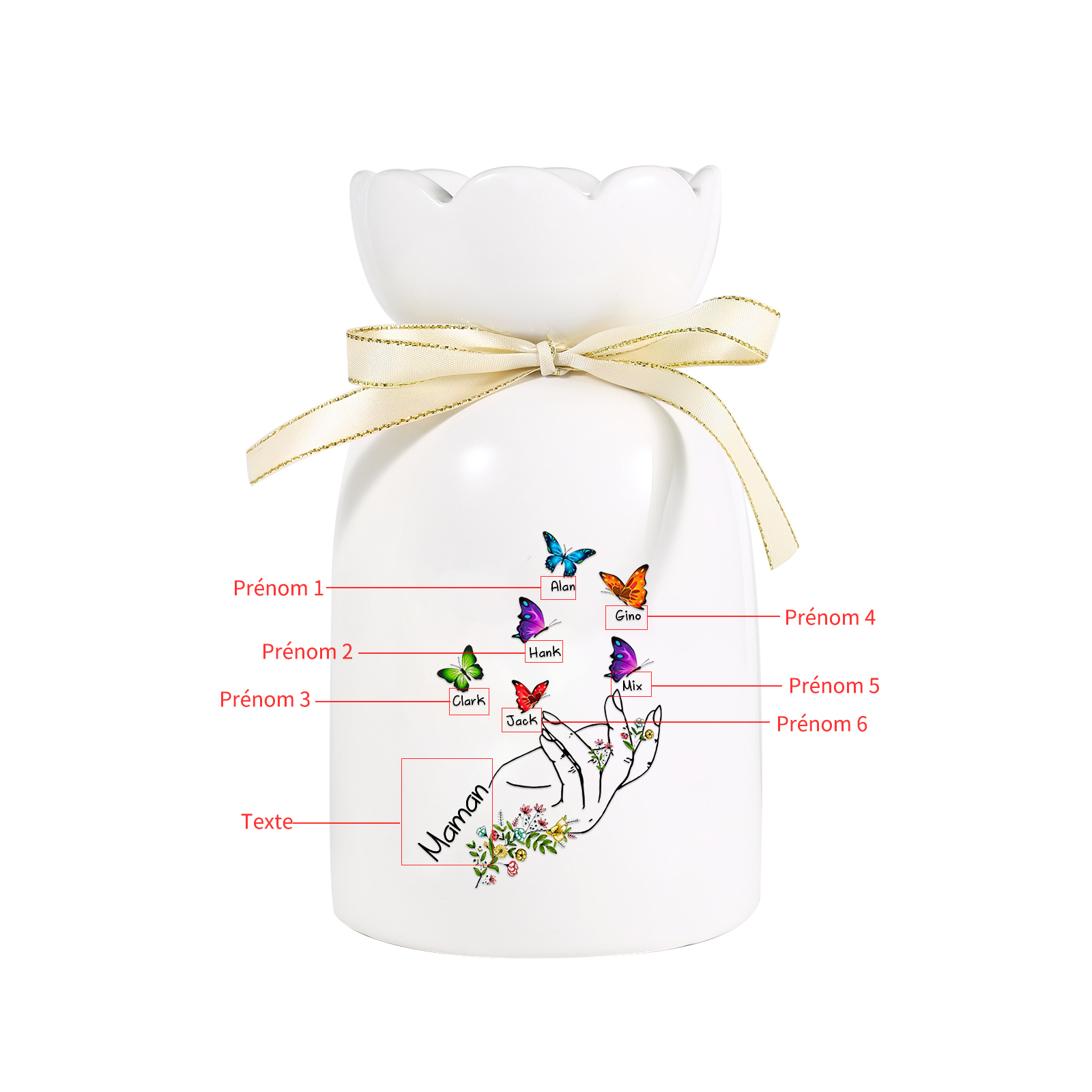 À Maman/Mamie - Vase en Céramique 2-8 Prénoms Personnalisés avec 1 Texte Vase Main et Papillon (sans fleurs) | Jessemade