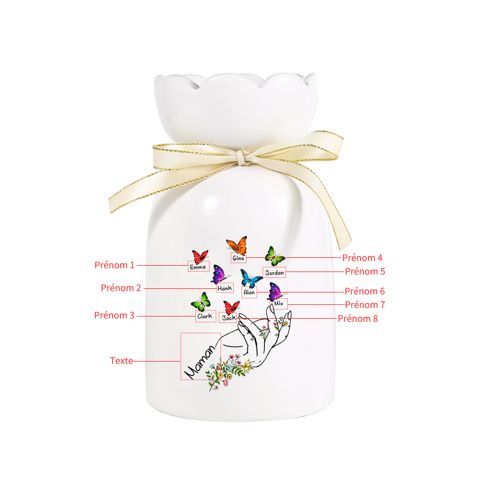 À Maman/Mamie - Vase en Céramique 2-8 Prénoms Personnalisés avec 1 Texte Vase Main et Papillon (sans fleurs) | Jessemade