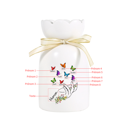 À Maman/Mamie - Vase en Céramique 2-8 Prénoms Personnalisés avec 1 Texte Vase Main et Papillon (sans fleurs) | Jessemade