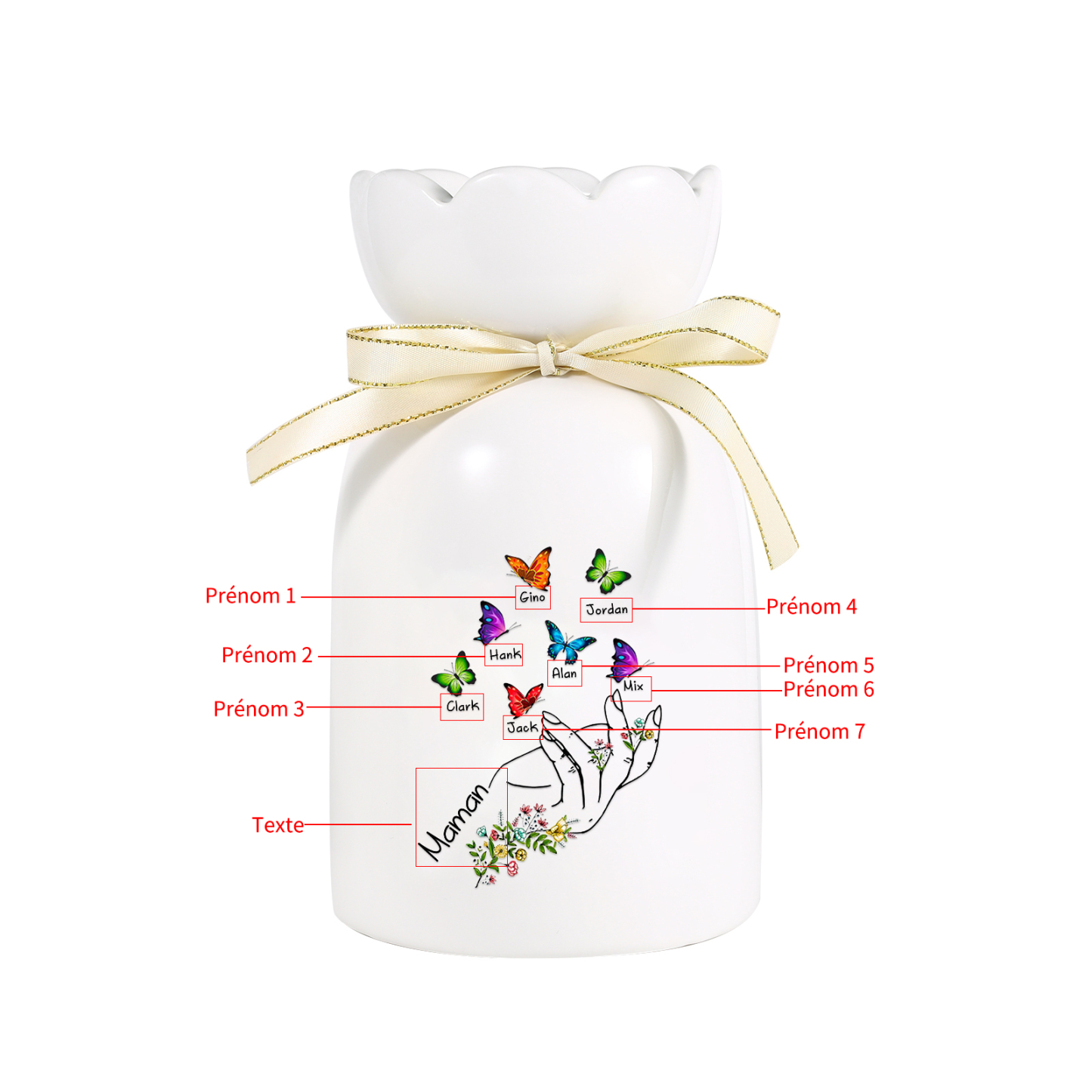 À Maman/Mamie - Vase en Céramique 2-8 Prénoms Personnalisés avec 1 Texte Vase Main et Papillon (sans fleurs) | Jessemade