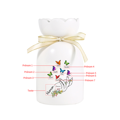 À Maman/Mamie - Vase en Céramique 2-8 Prénoms Personnalisés avec 1 Texte Vase Main et Papillon (sans fleurs) | Jessemade