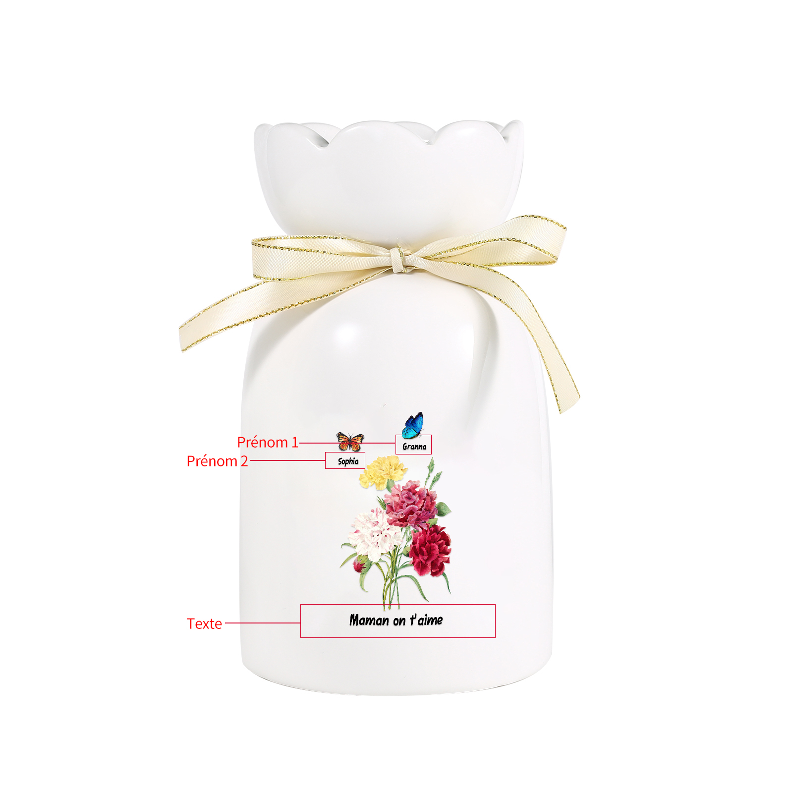 À Maman/Mamie - Vase Personnalisés avec 1-8 Prénoms et 1 Texte Vase Fleurs et Papillon en Céramique (sans fleurs) | Jessemade