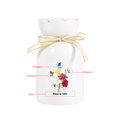 À Maman/Mamie - Vase Personnalisés avec 1-8 Prénoms et 1 Texte Vase Fleurs et Papillon en Céramique (sans fleurs) | Jessemade