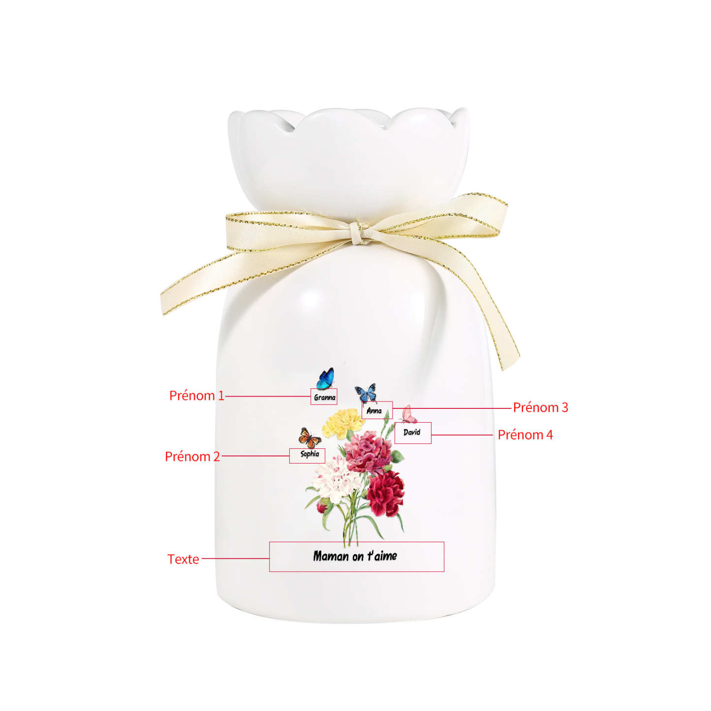 À Maman/Mamie - Vase Personnalisés avec 1-8 Prénoms et 1 Texte Vase Fleurs et Papillon en Céramique (sans fleurs) | Jessemade