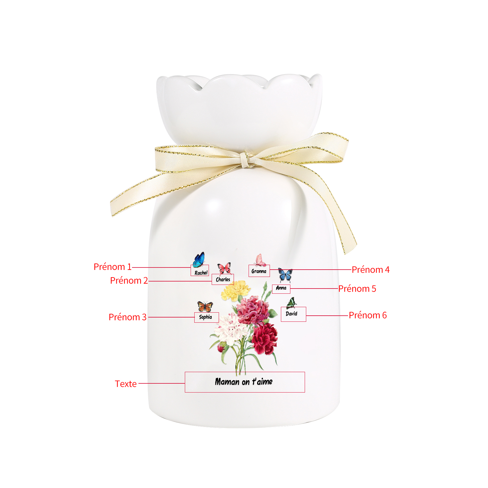 À Maman/Mamie - Vase Personnalisés avec 1-8 Prénoms et 1 Texte Vase Fleurs et Papillon en Céramique (sans fleurs) | Jessemade