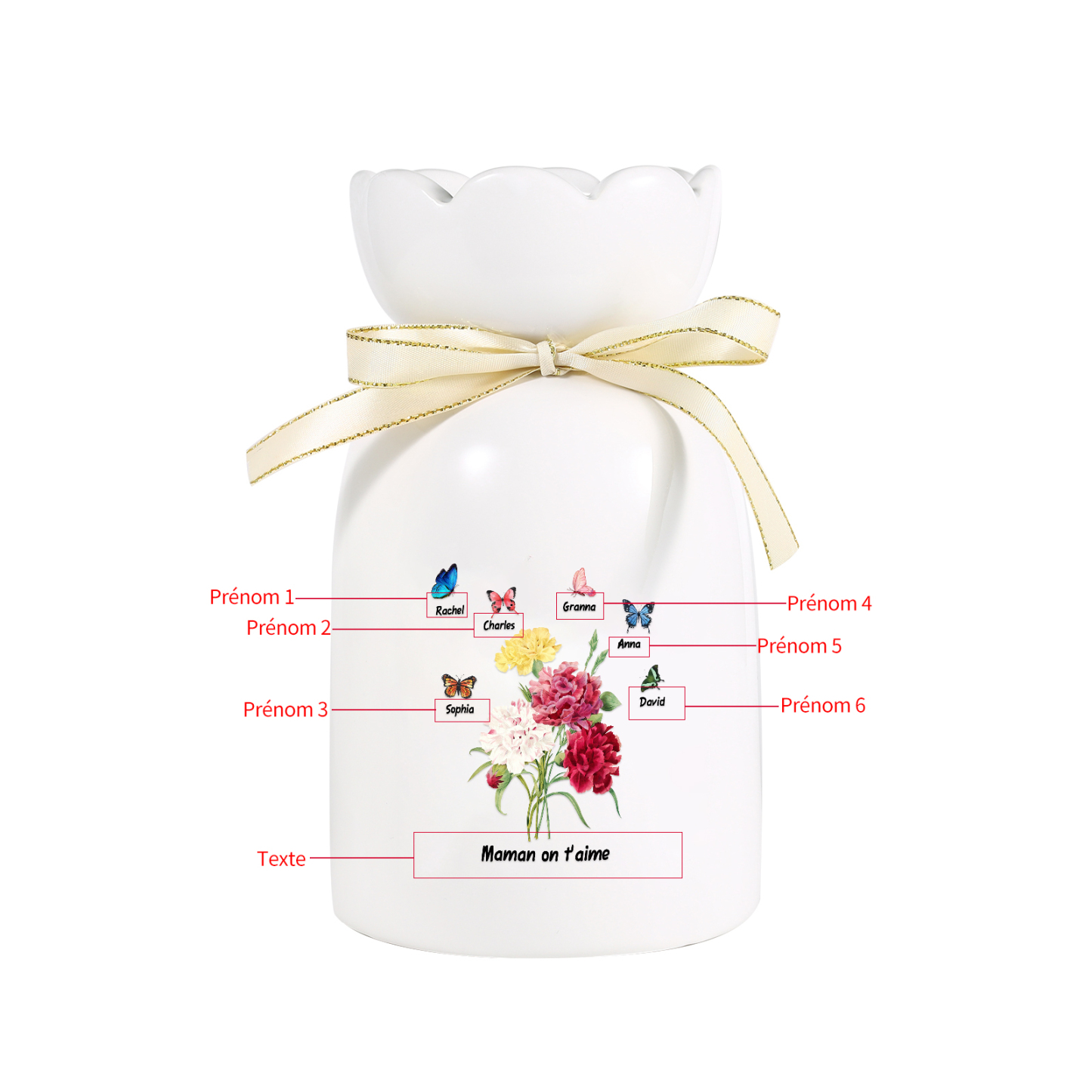 À Maman/Mamie - Vase Personnalisés avec 1-8 Prénoms et 1 Texte Vase Fleurs et Papillon en Céramique (sans fleurs) | Jessemade