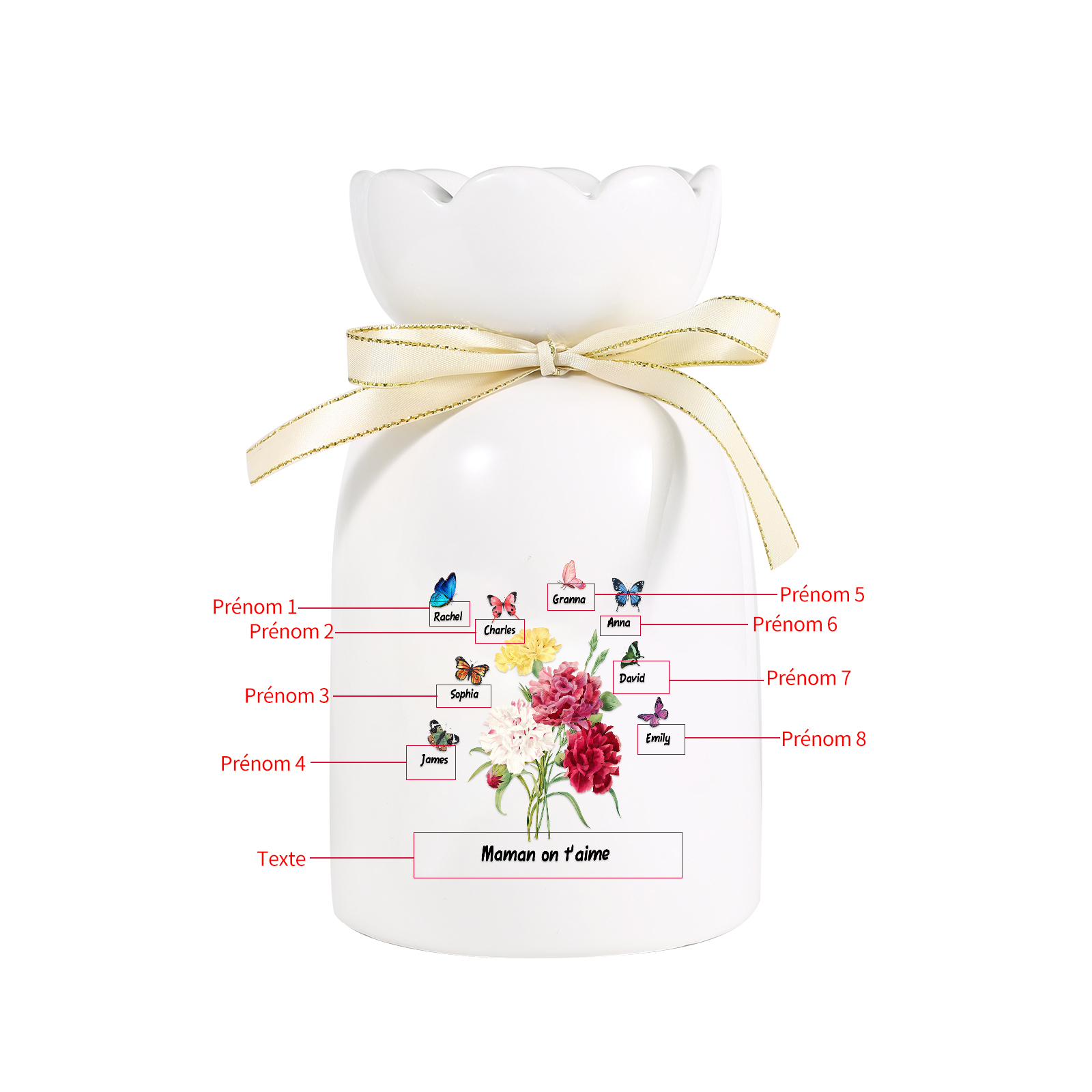 À Maman/Mamie - Vase Personnalisés avec 1-8 Prénoms et 1 Texte Vase Fleurs et Papillon en Céramique (sans fleurs) | Jessemade