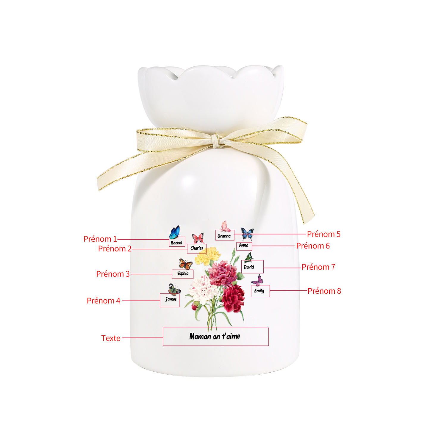 À Maman/Mamie - Vase Personnalisés avec 1-8 Prénoms et 1 Texte Vase Fleurs et Papillon en Céramique (sans fleurs) | Jessemade