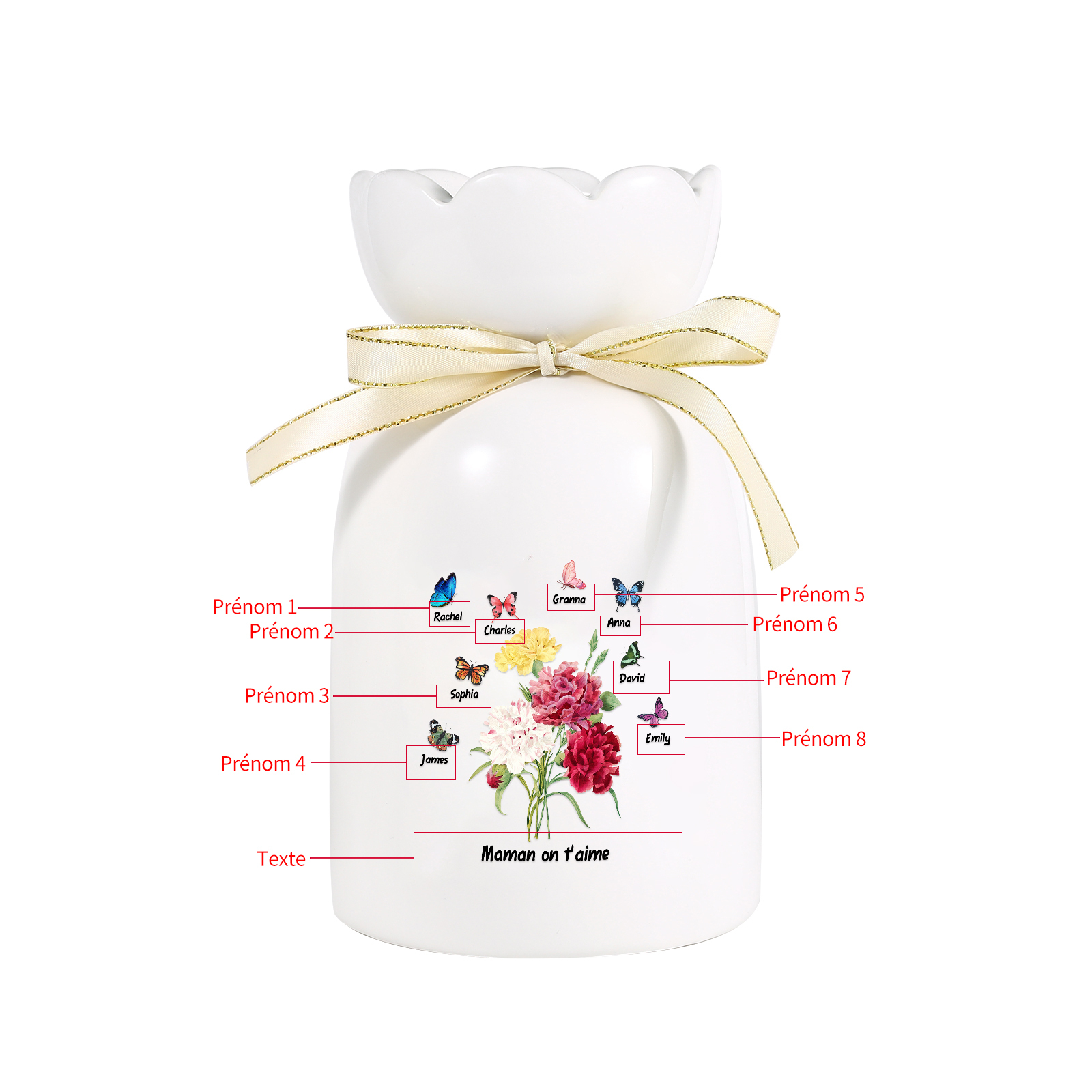 À Maman/Mamie - Vase Personnalisés avec 1-8 Prénoms et 1 Texte Vase Fleurs et Papillon en Céramique (sans fleurs) | Jessemade