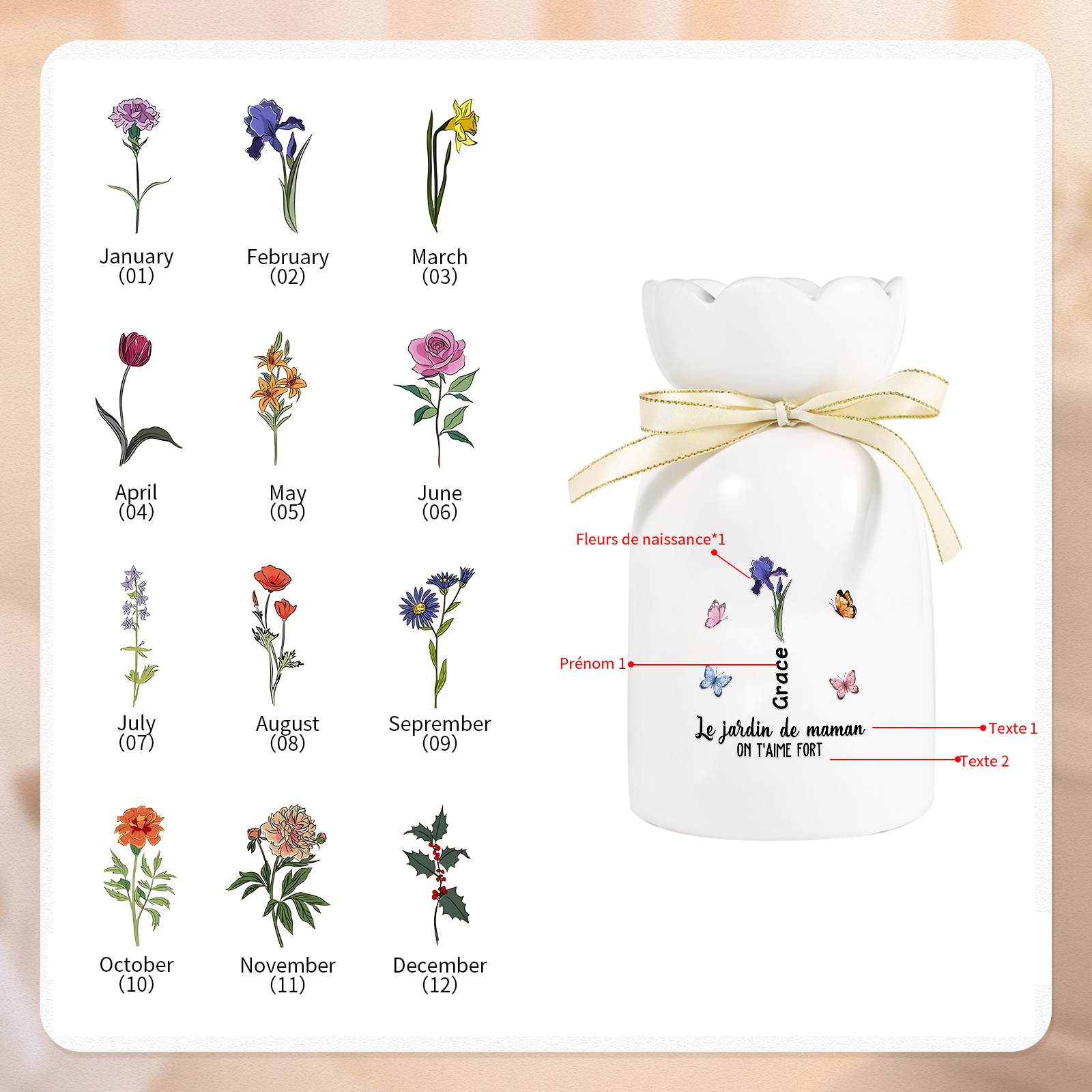 À Maman/Mamie - Vase Personnalisés avec 1-6 Prénoms et 2 Textes Vase en Céramique (sans fleurs) | Jessemade