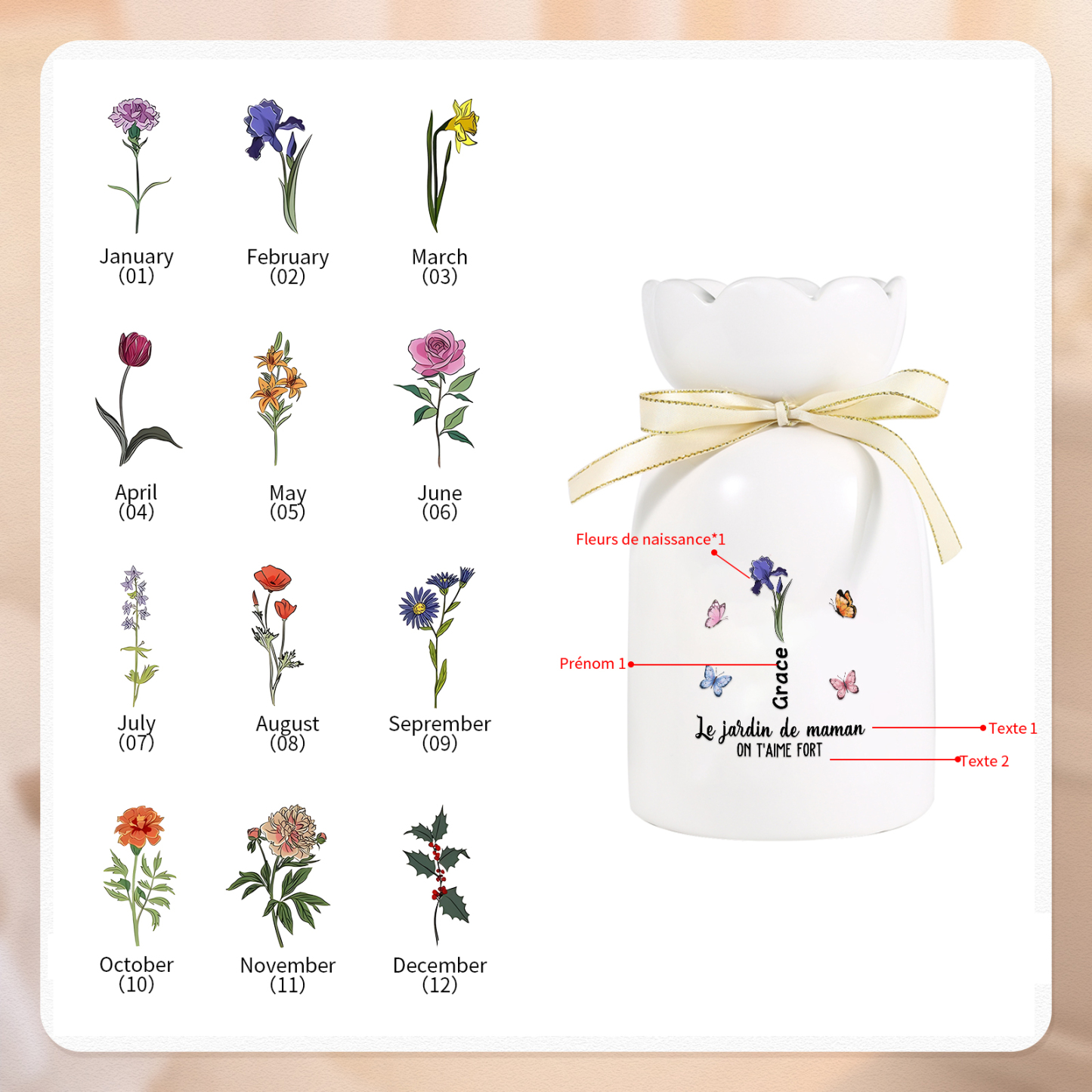 À Maman/Mamie - Vase Personnalisés avec 1-6 Prénoms et 2 Textes Vase en Céramique (sans fleurs) | Jessemade