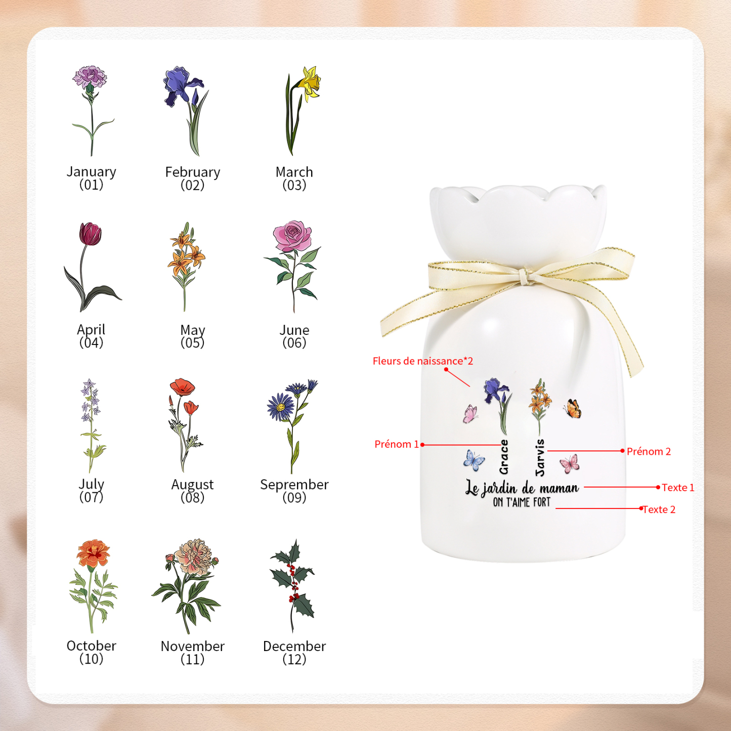 À Maman/Mamie - Vase Personnalisés avec 1-6 Prénoms et 2 Textes Vase en Céramique (sans fleurs) | Jessemade